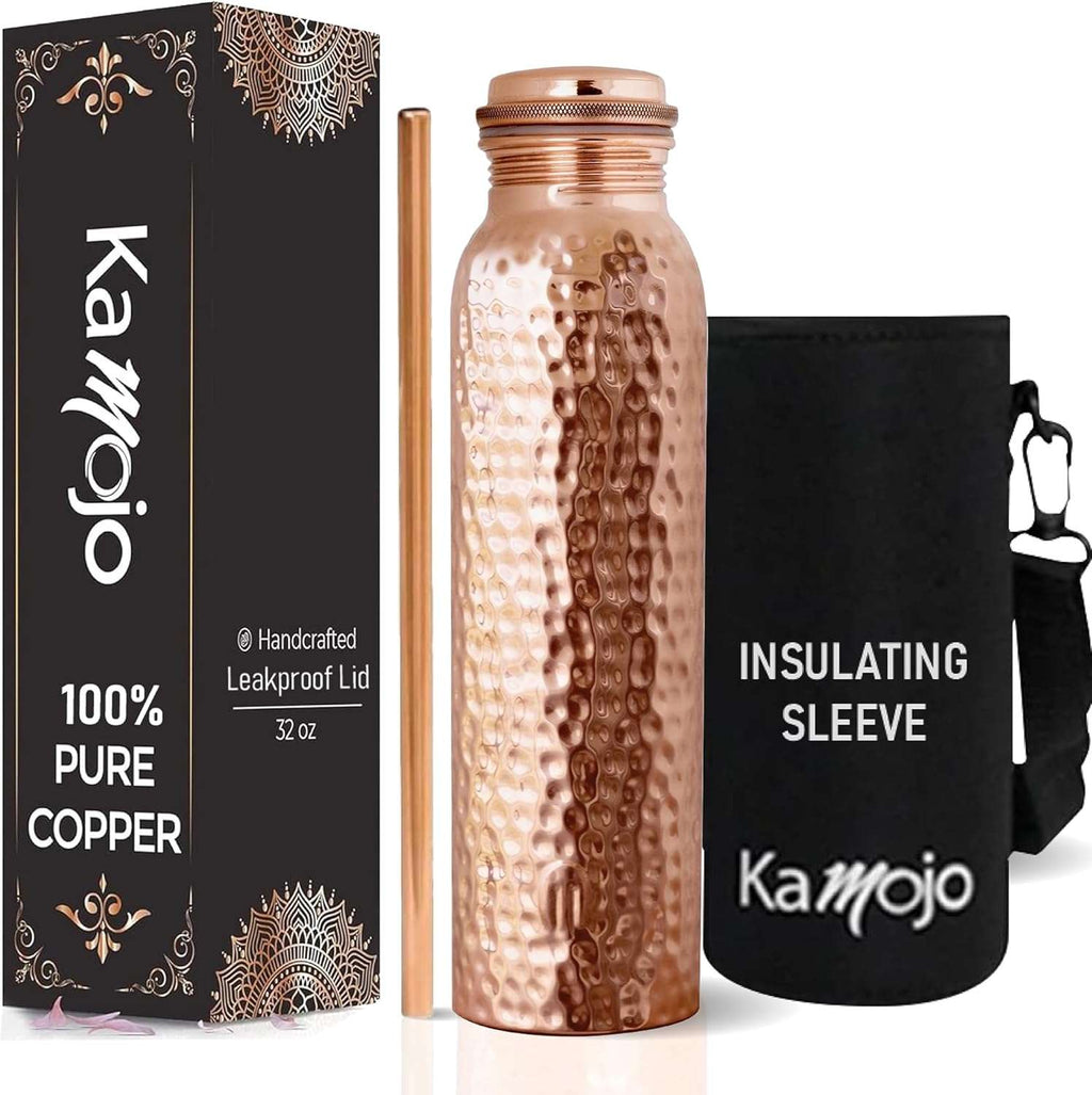 Copper Water Bottle – 100% Pure Hammered Copper Tumbler with Leak-Proof Lid, Sleeve & Straw, 32oz - Quality Prime Hub