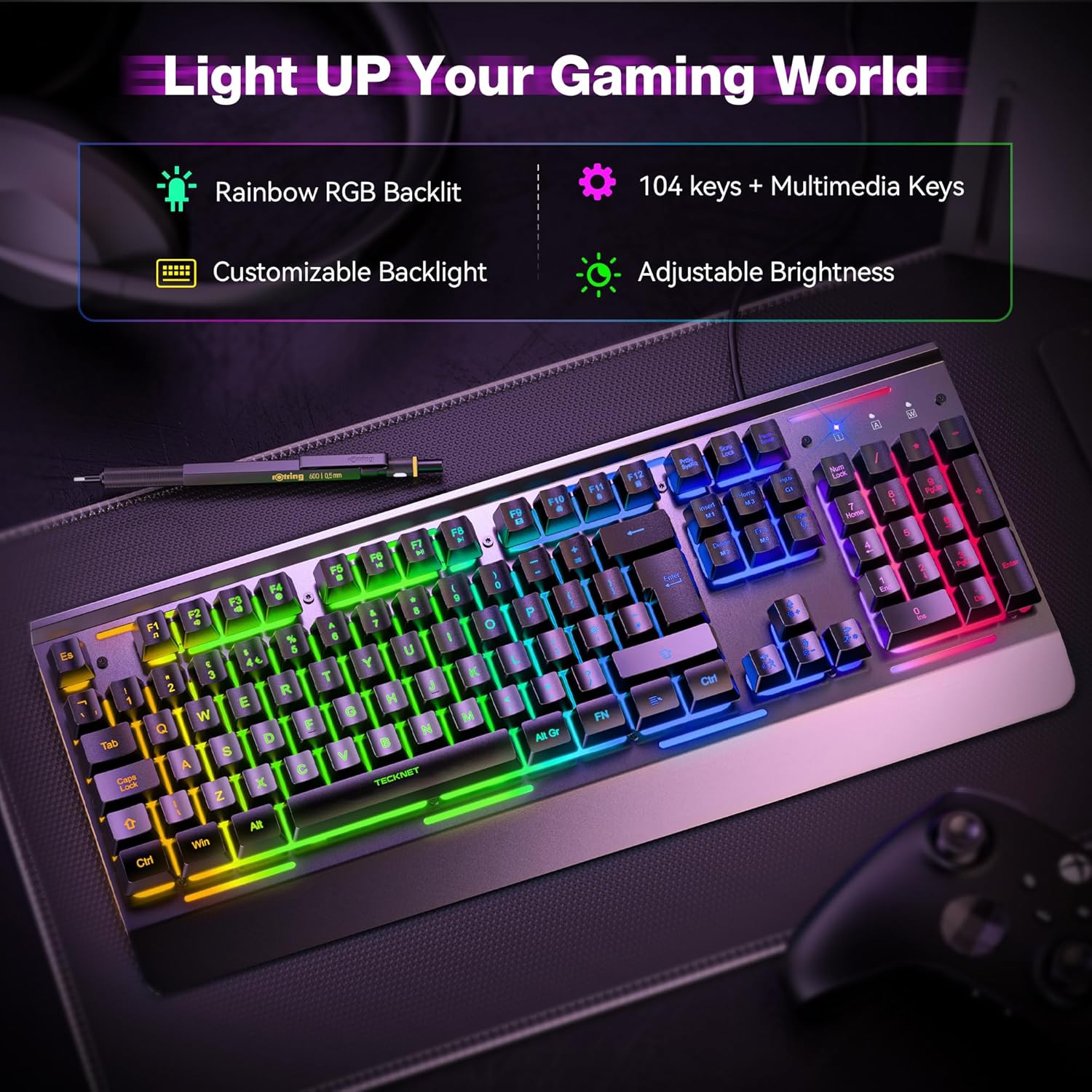 TECKNET RGB Gaming Keyboard UK Layout – Wired Mechanical Feel Keyboard with 15-Zone RGB, Anti-Ghosting & Water Resistant Design