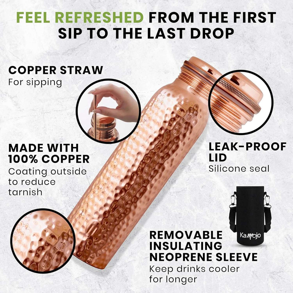Copper Water Bottle – 100% Pure Hammered Copper Tumbler with Leak-Proof Lid, Sleeve & Straw, 32oz - Quality Prime Hub