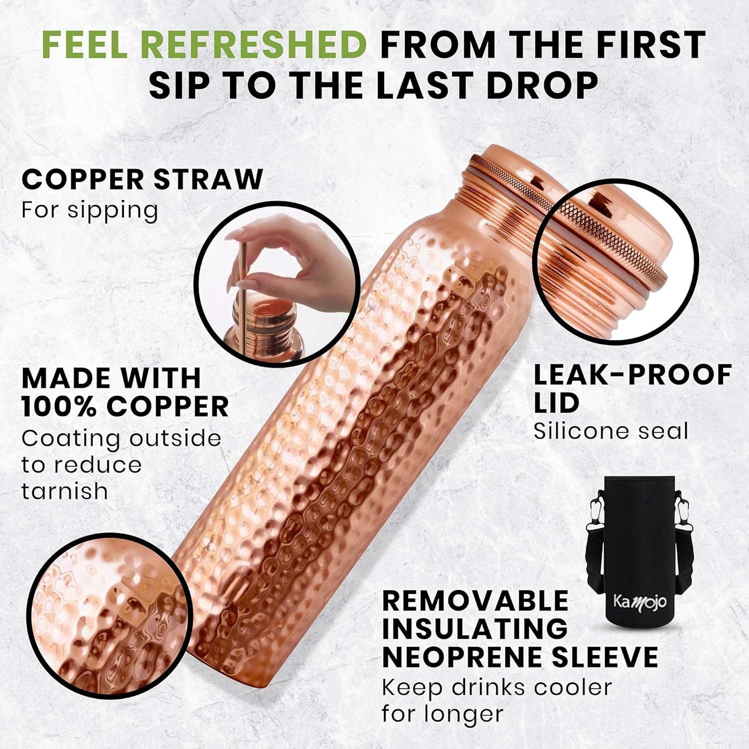 Copper Water Bottle – 100% Pure Hammered Copper Tumbler with Leak-Proof Lid, Sleeve & Straw, 32oz - Quality Prime Hub