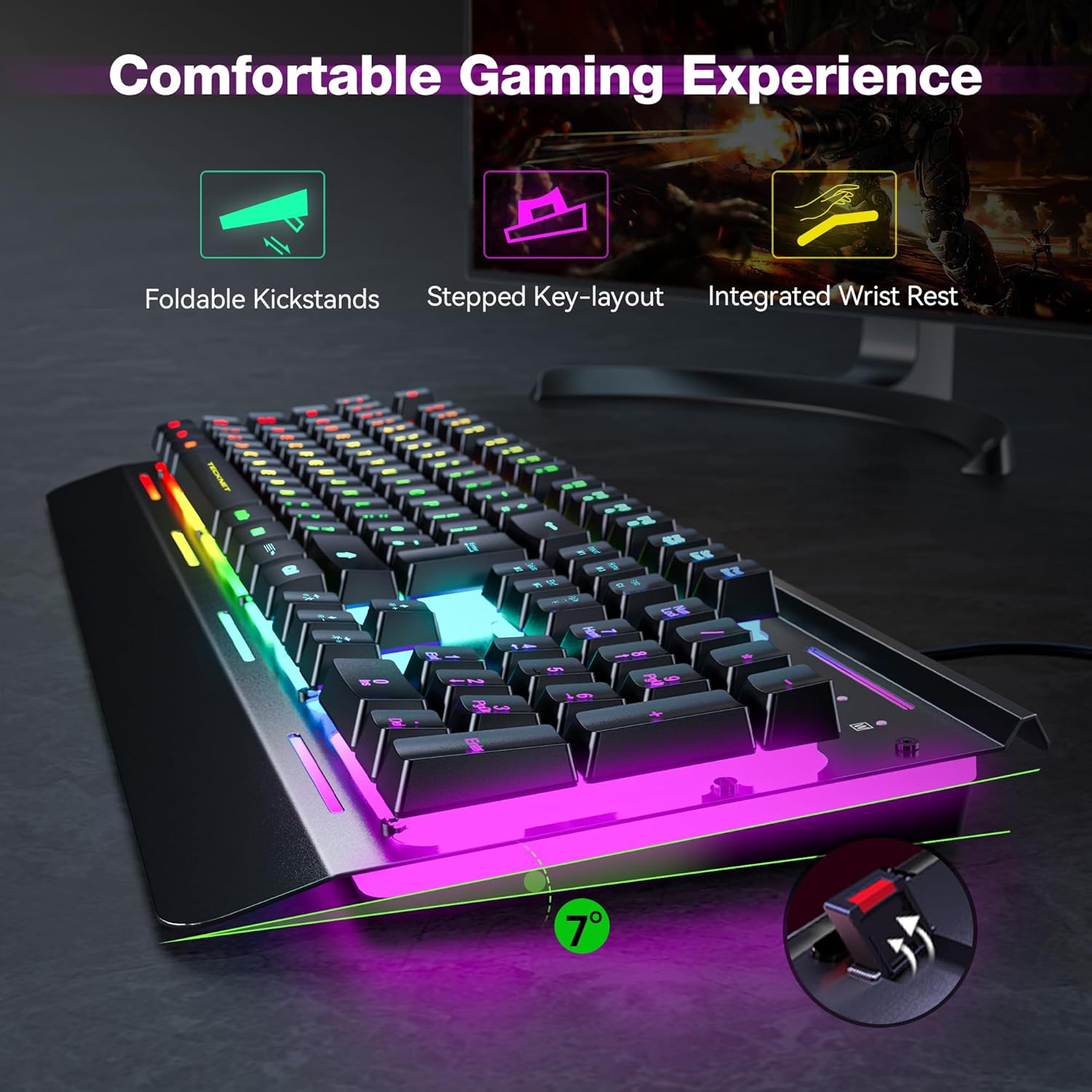 TECKNET RGB Gaming Keyboard UK Layout – Wired Mechanical Feel Keyboard with 15-Zone RGB, Anti-Ghosting & Water Resistant Design