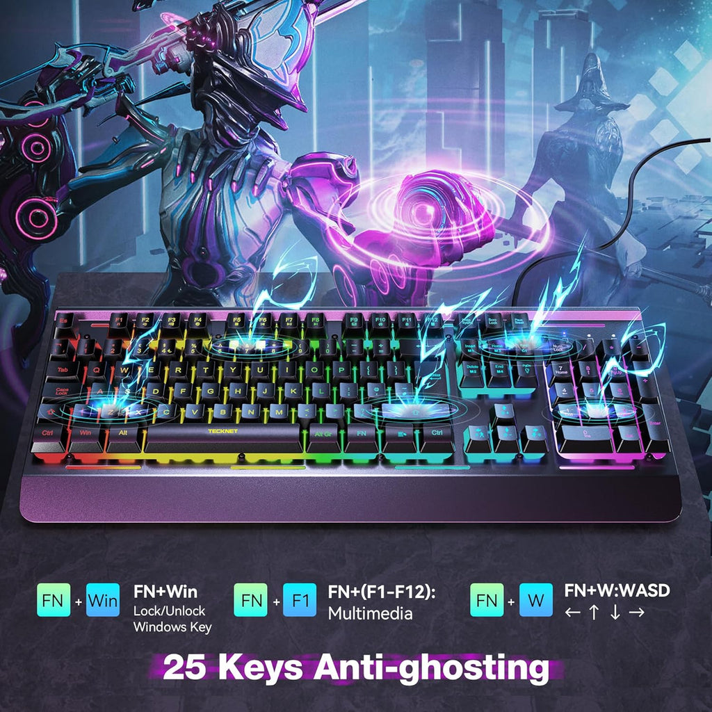 TECKNET RGB Gaming Keyboard UK Layout – Wired Mechanical Feel Keyboard with 15-Zone RGB, Anti-Ghosting & Water Resistant Design